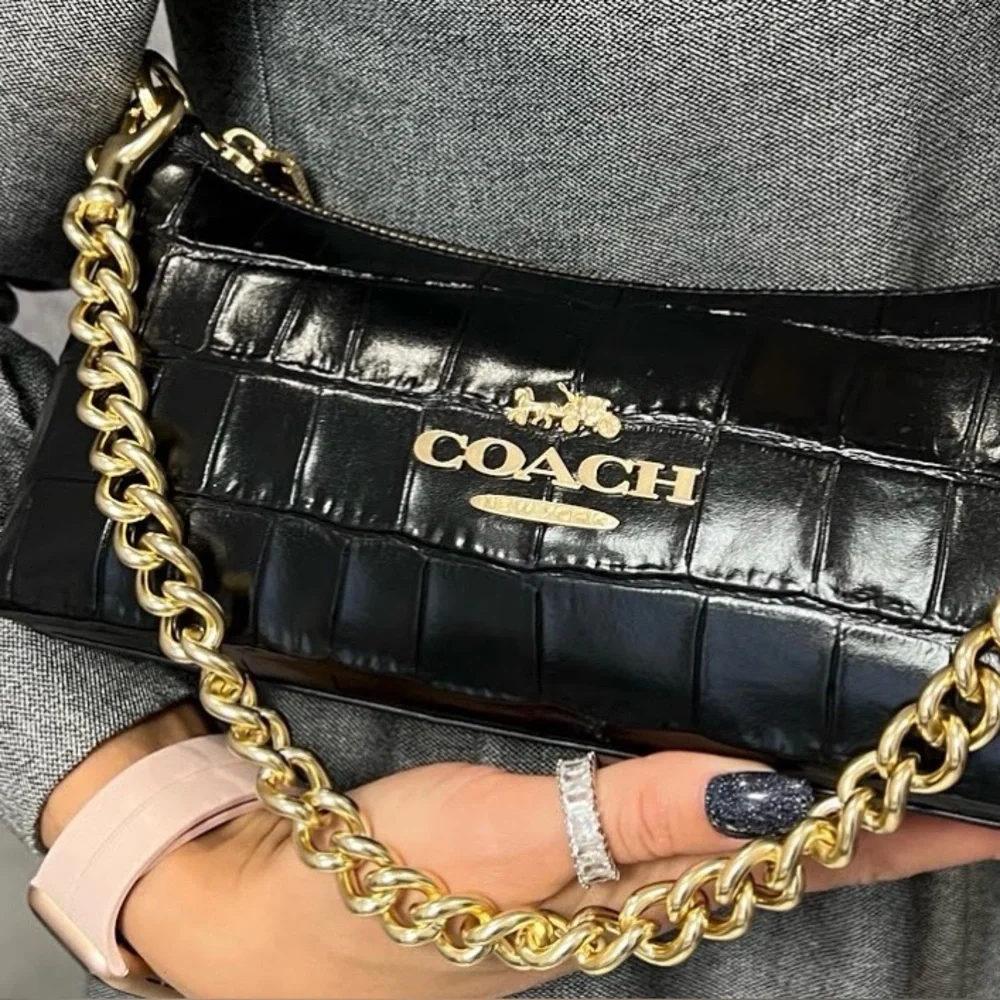 Coach Black Croc-Embossed Shoulder Bag with Gold Accents - Picture 4 of 5